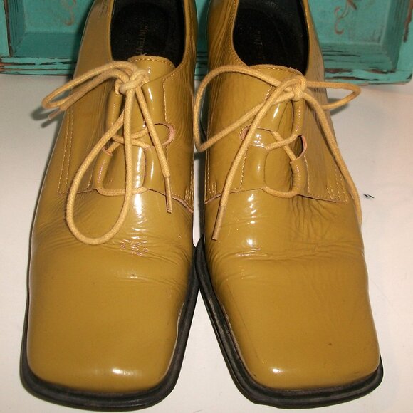 Intentionally Blank L.A. Mustard-Patent Square Toe Lace Up Block Heel Pumps FAB! - Picture 5 of 11